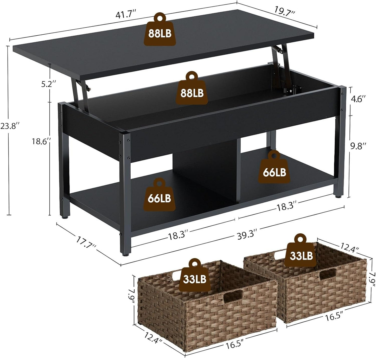 Coffee Table with Lift Top, Hidden Storage Compartment and 2 Rattan Baskets, 41.7" Retro Central Table with Wooden Tabletop and Metal Frame for Living Room, Black