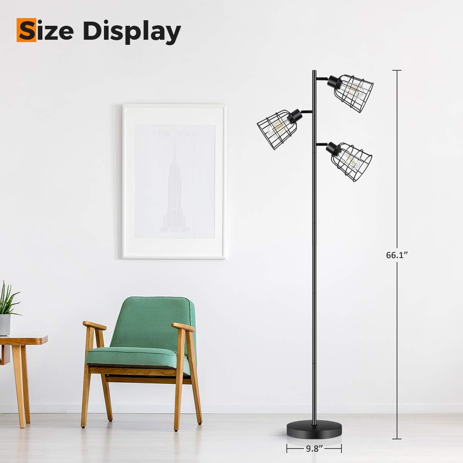 Industrial Tree Floor Lamp - Farmhouse 3-Light Standing Lamp with 3 Adjustable Cage Black Rustic Floor Lamp for Living Room Indoor Tall Lighting for Bedroom Office(Bulb Not Included)