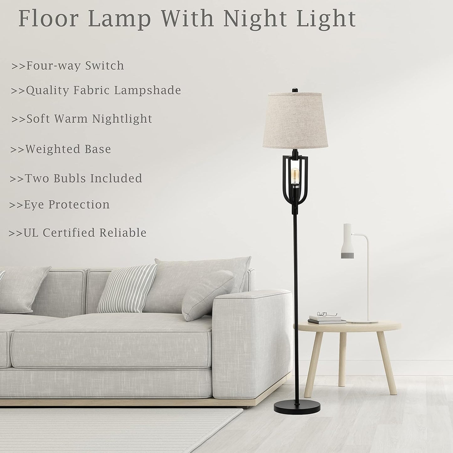 Farmhouse Floor Lamps for Living Room - Standing Floor Lamps with Nightlight for Bedroom, Rustic Modern Style Tall Stand Lamps Beige Fabric Shade + Edison Night Light + Black Metal (Included 2 Bulbs)