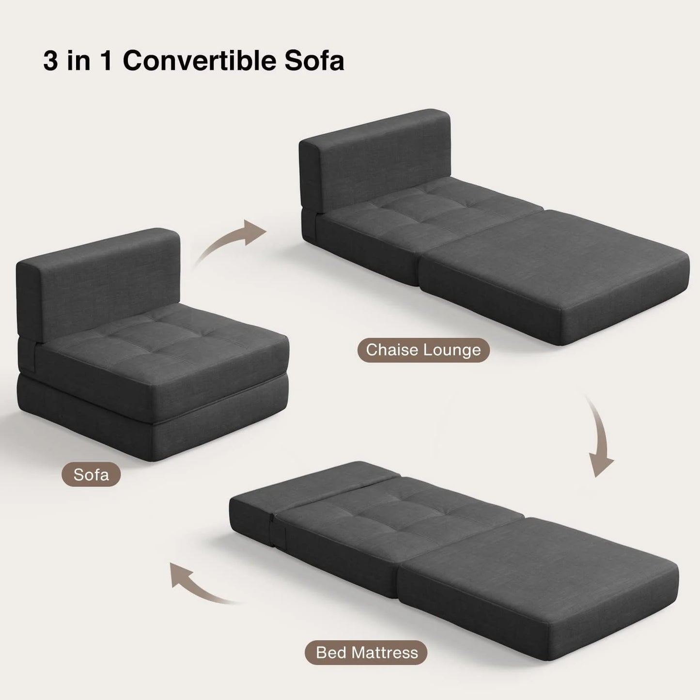 Sofa Bed, Convertible Chair Bed with Removable Cover for Master or Guest Room, Dark Gray