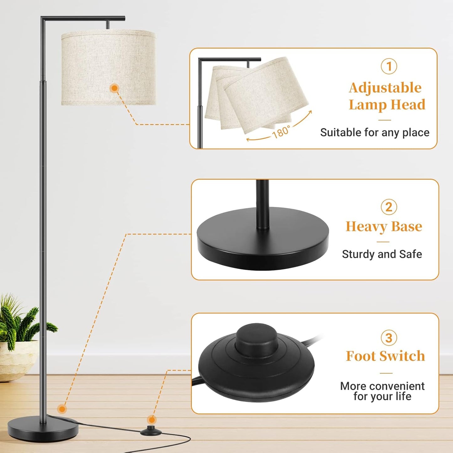 Floor Lamp for Living Room with 3-Color Temperature 9W LED Bulb, Modern Standing Lamp with Linen Beige Shade & Foot Switch, Tall Pole Lamp for Bedroom, Study Room, Office, Kids Room (Black)