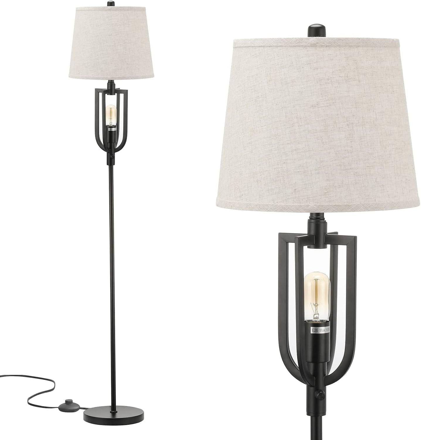 Farmhouse Floor Lamps for Living Room - Standing Floor Lamps with Nightlight for Bedroom, Rustic Modern Style Tall Stand Lamps Beige Fabric Shade + Edison Night Light + Black Metal (Included 2 Bulbs)