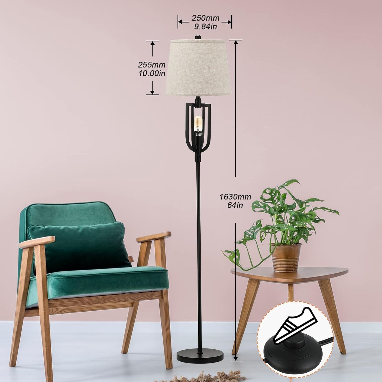 Farmhouse Floor Lamps for Living Room - Standing Floor Lamps with Nightlight for Bedroom, Rustic Modern Style Tall Stand Lamps Beige Fabric Shade + Edison Night Light + Black Metal (Included 2 Bulbs)