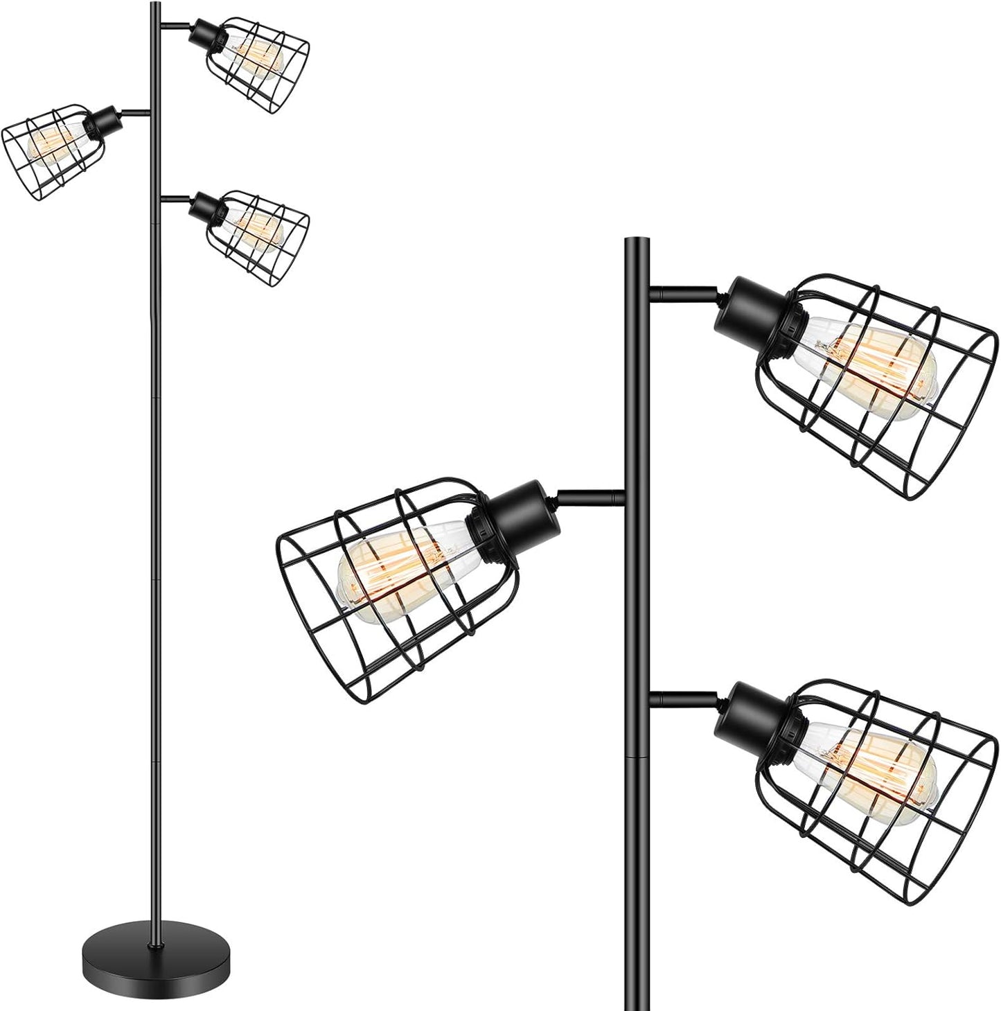 Industrial Tree Floor Lamp - Farmhouse 3-Light Standing Lamp with 3 Adjustable Cage Black Rustic Floor Lamp for Living Room Indoor Tall Lighting for Bedroom Office(Bulb Not Included)