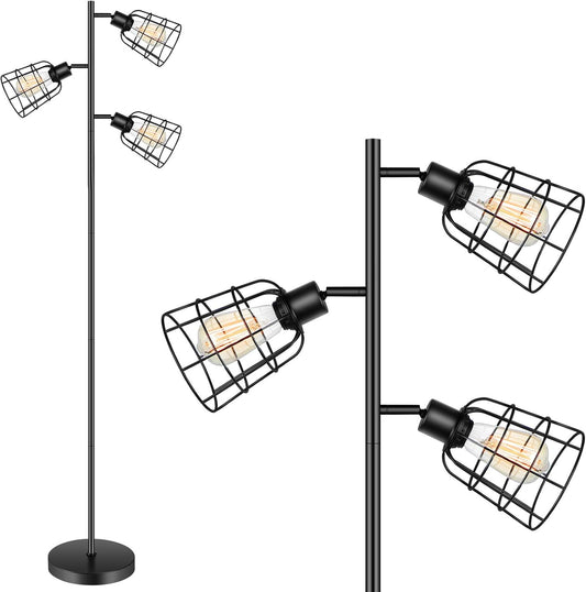 Industrial Tree Floor Lamp - Farmhouse 3-Light Standing Lamp with 3 Adjustable Cage Black Rustic Floor Lamp for Living Room Indoor Tall Lighting for Bedroom Office(Bulb Not Included)